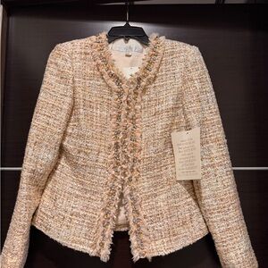 Boston Proper Beige Tweed Blazer with Beaded Trim